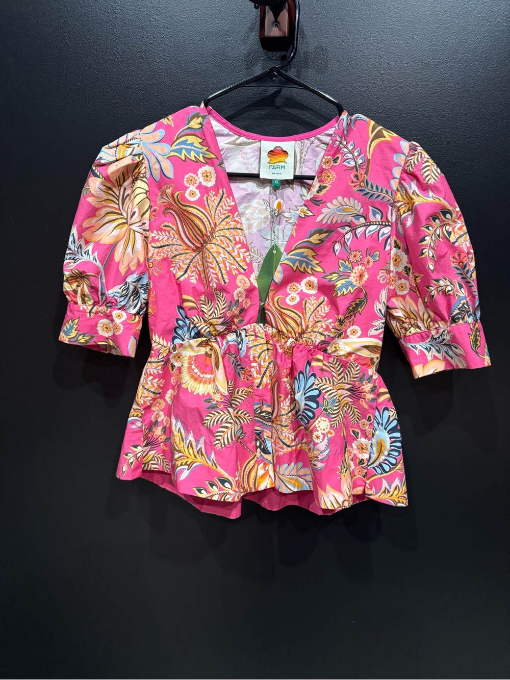 FARM Rio Pink Tropical Floral Tie-Front Puff Sleeve Top
